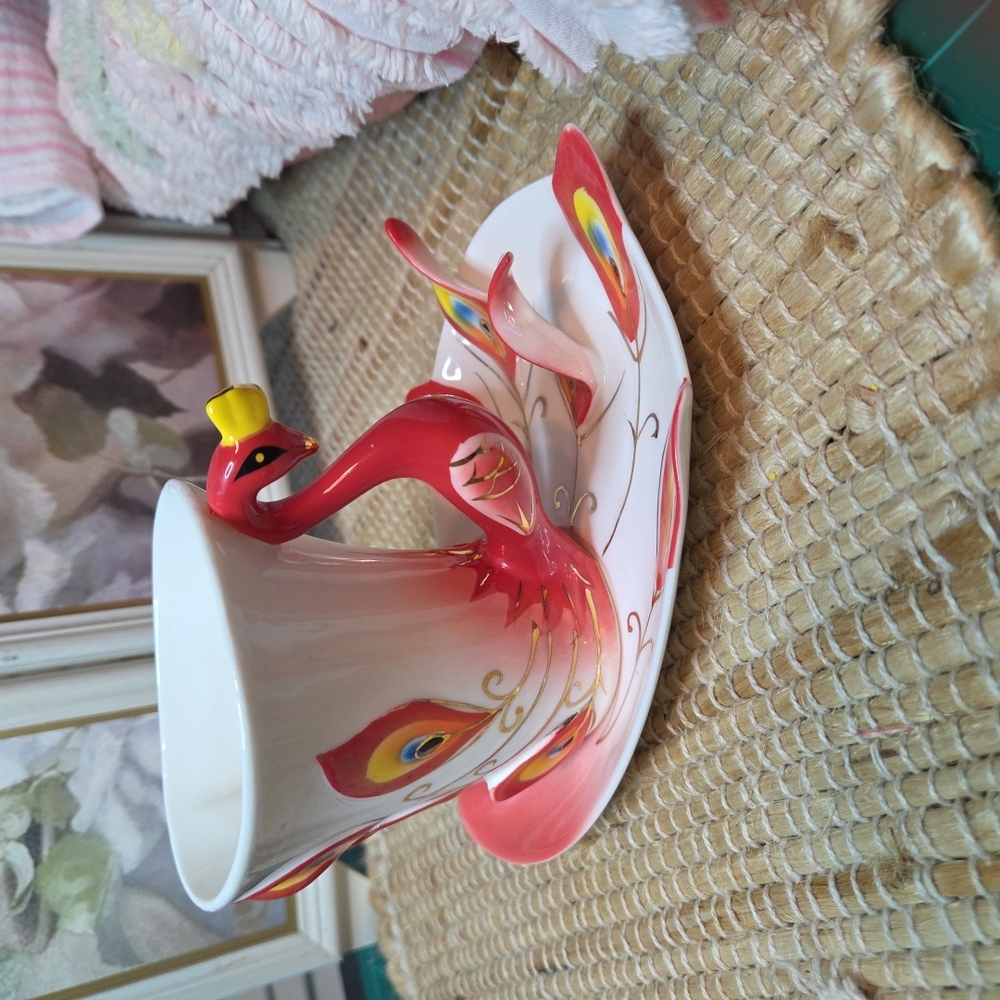 Peacock Design Cup and Saucer Set